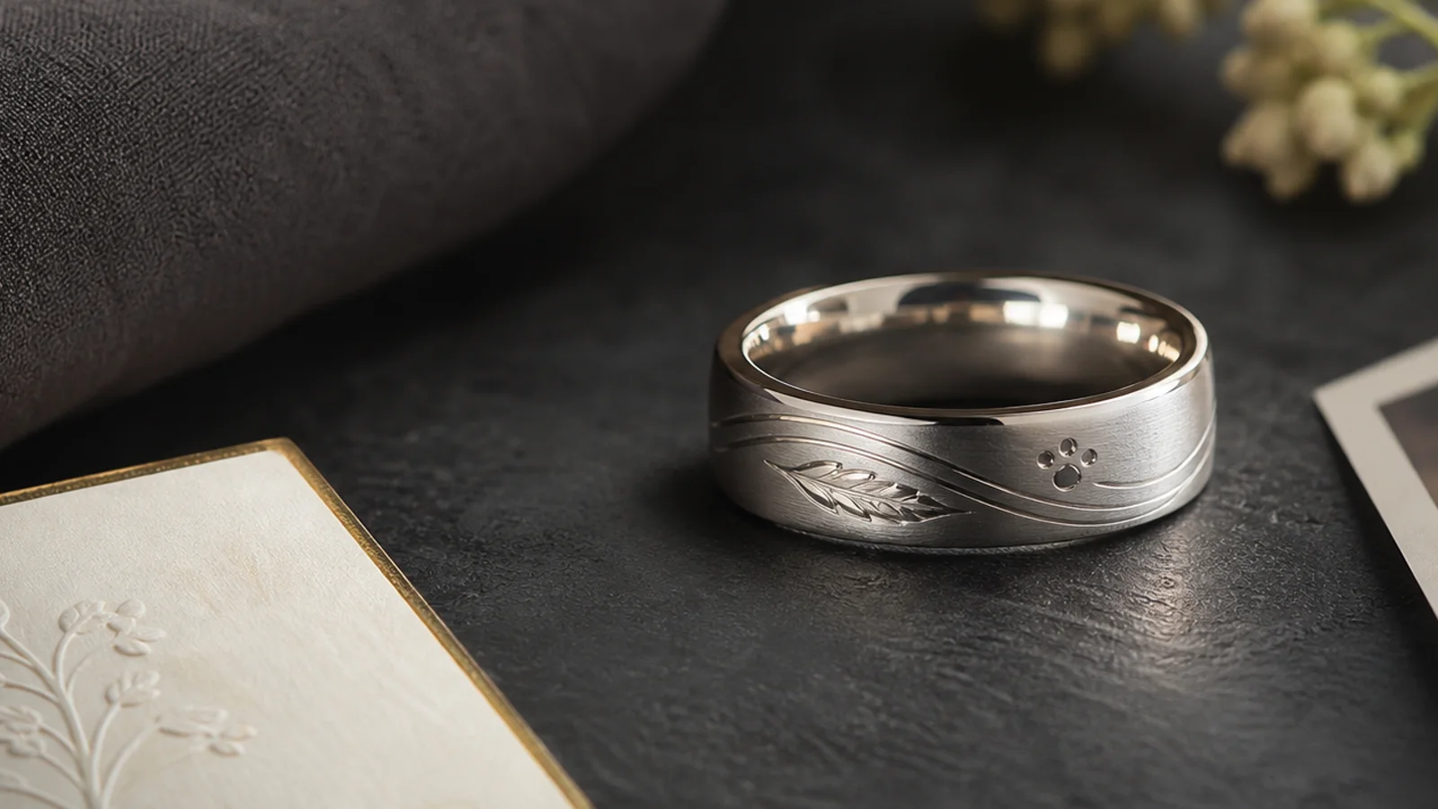 Engraved memorial ring alternatives to ashes jewelry shown with keepsake source materials