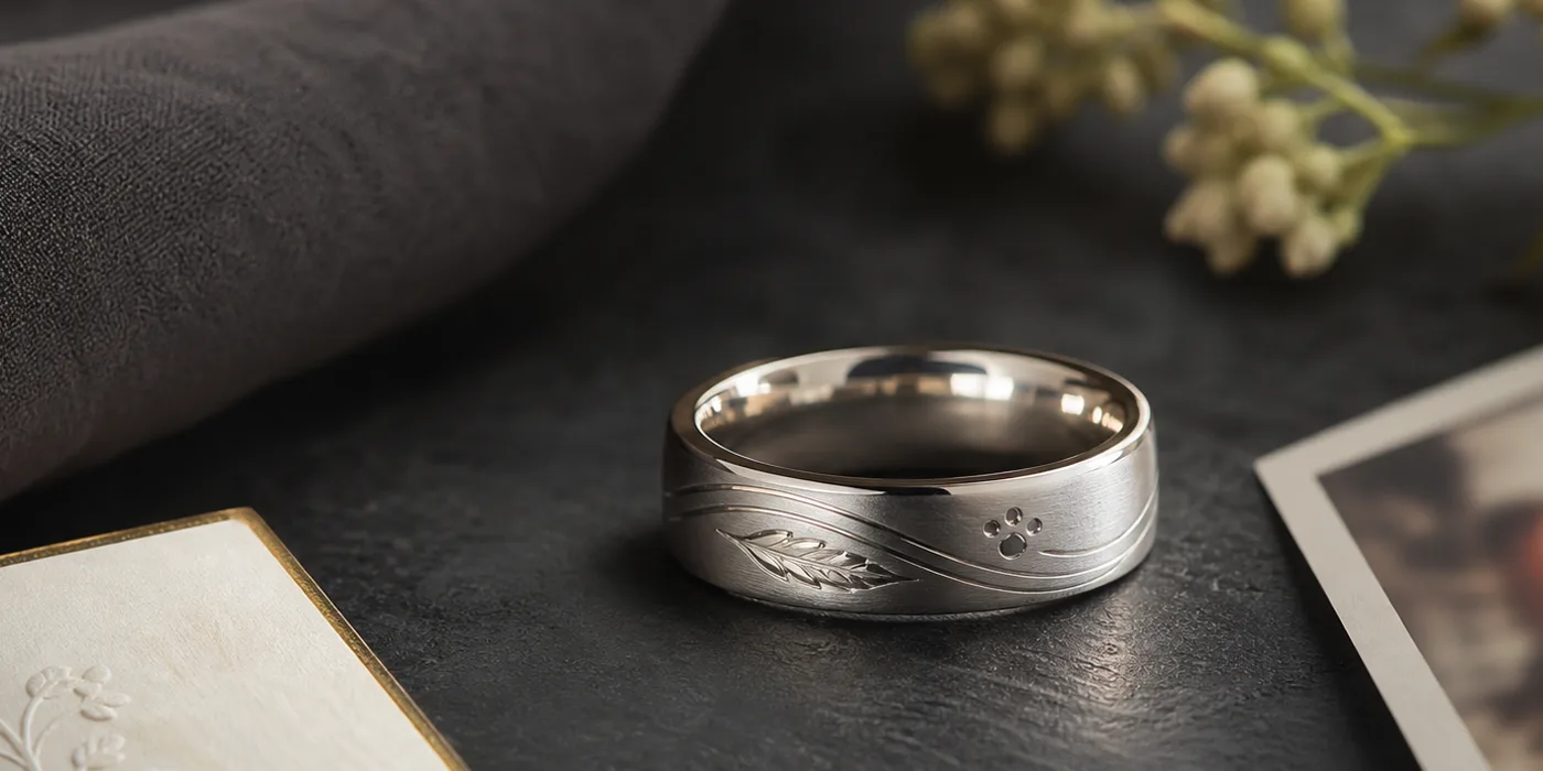 Custom remembrance ring shown with a brushed silver band and personal keepsake source materials