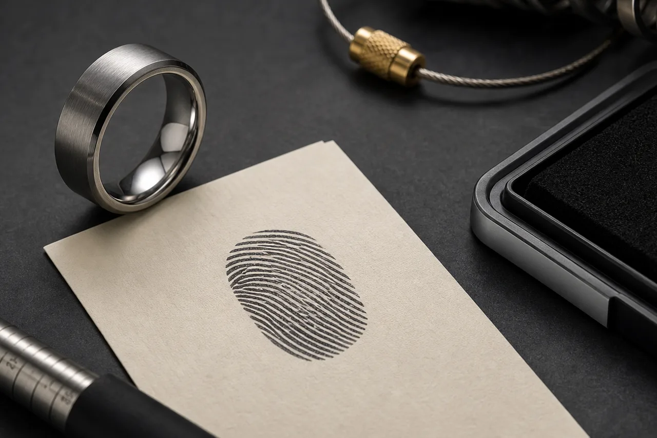 Fingerprint memorial ring for dad with a brushed silver band, print source card, initials, and quiet masculine styling