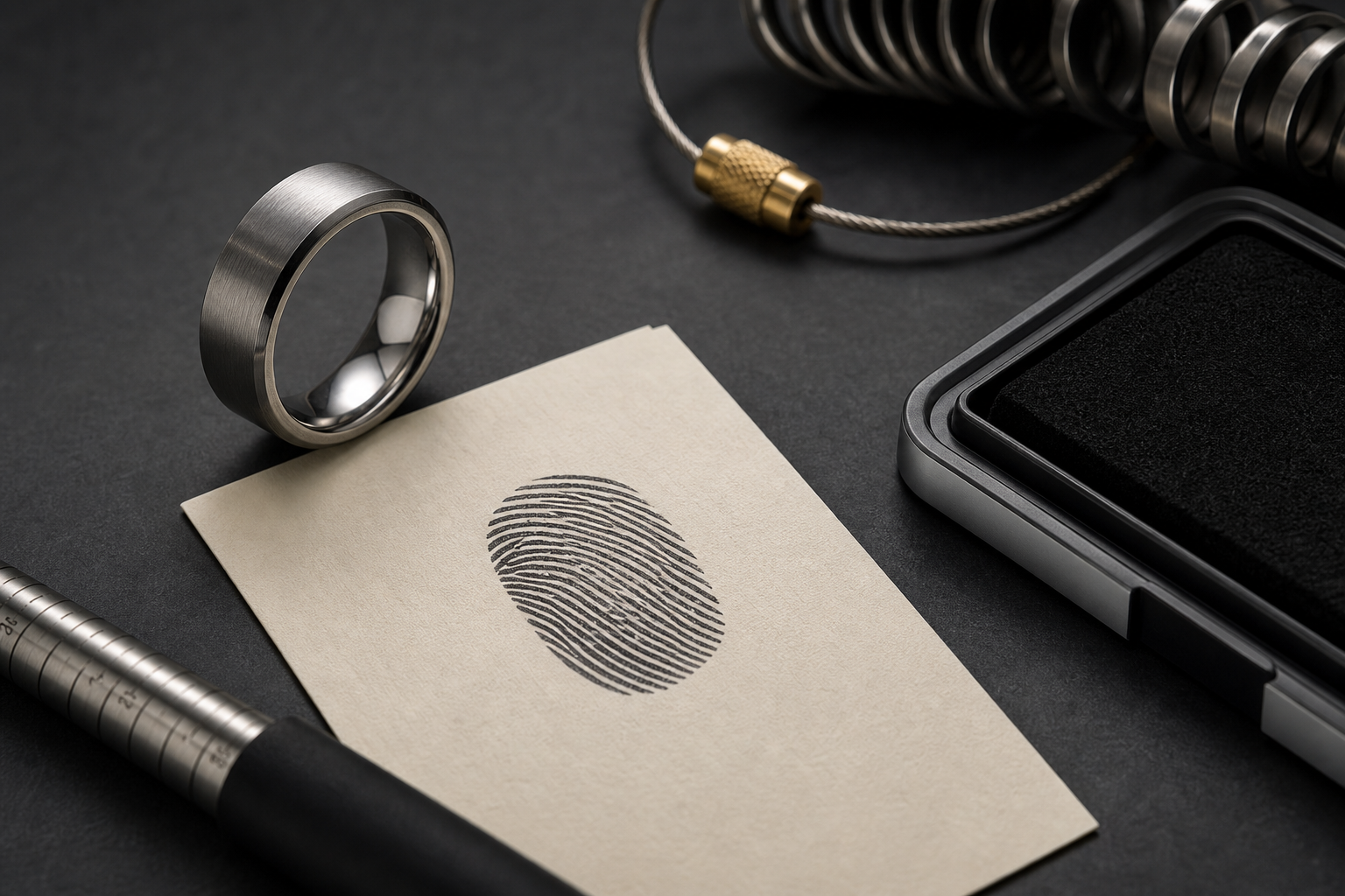 Premium fingerprint memorial ring image with a silver ring and fingerprint source card