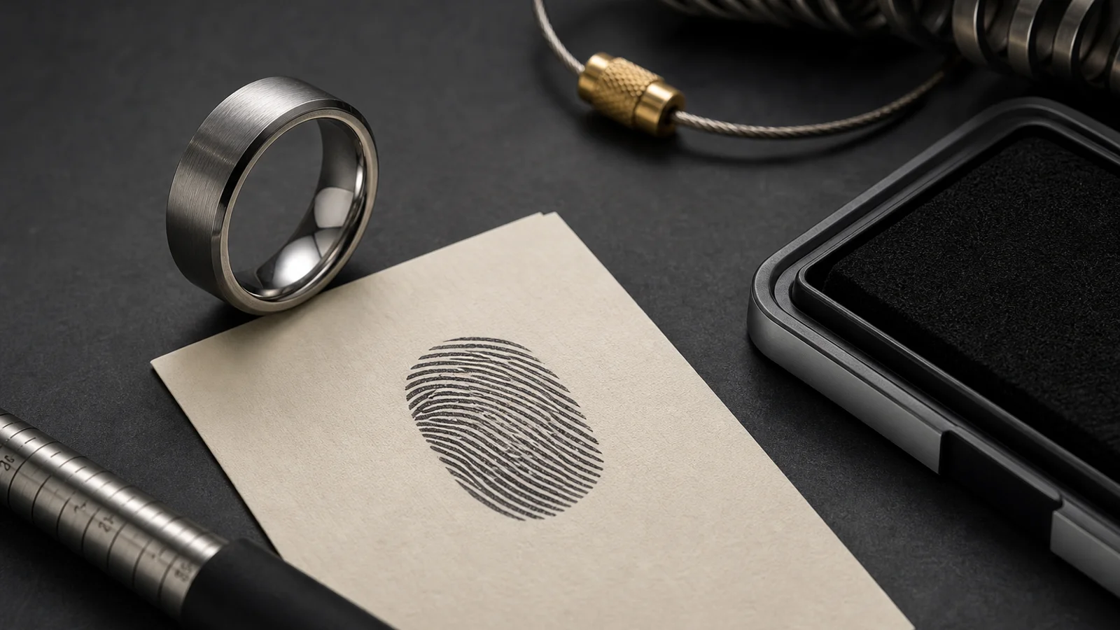 Fingerprints translated into a clean readable memorial ring engraving with high contrast and simple spacing