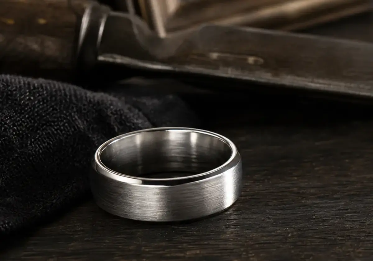 Firefighter memorial ring with Maltese cross tribute and dark brushed silver finish