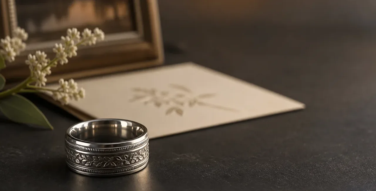 Heartbeat engraved ring wording guide with a silver band, clean waveform, short phrase card, and date note