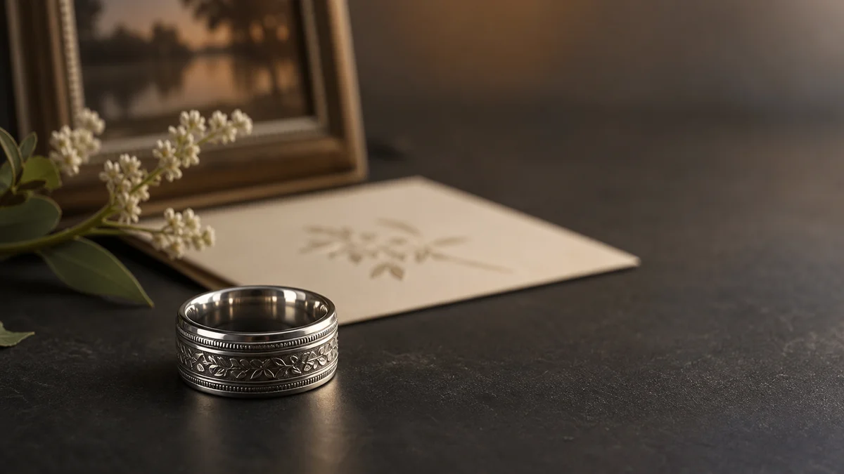 Heartbeat memorial ring with a silver band showing a clean EKG waveform engraving and a quiet date