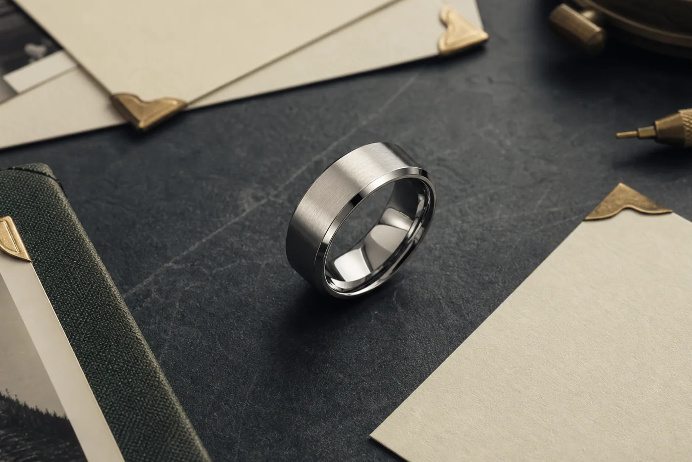 Personalized in memory of ring shown with a silver band, handwritten note, and quiet remembrance detail
