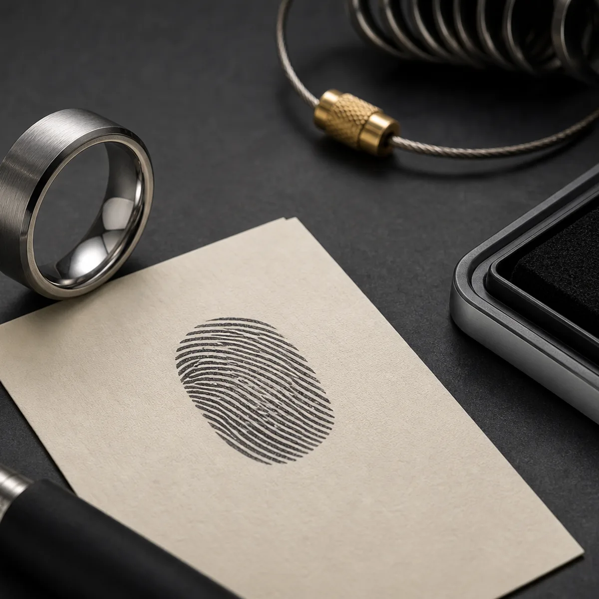 Memorial fingerprint ring detail and a calm silver ring with one focused source mark