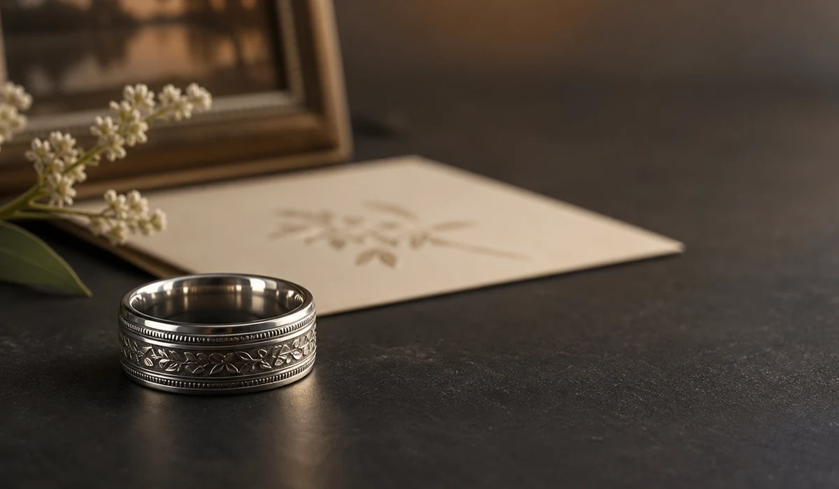Memorial ring for a friend shown with quiet silver styling and one understated personal detail