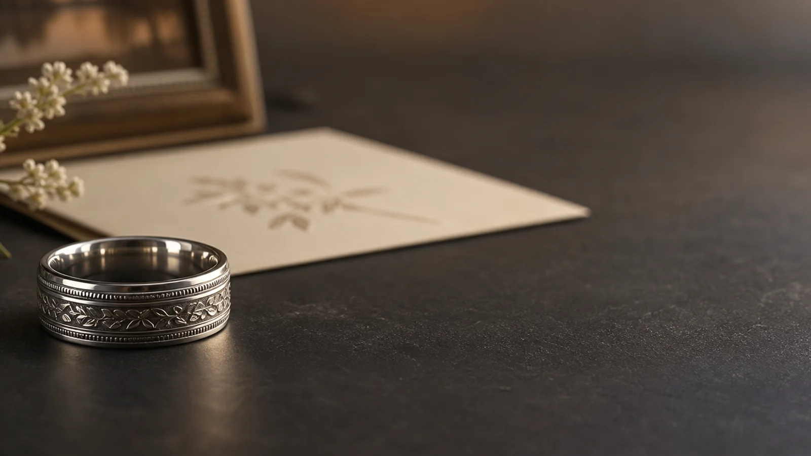 Memorial ring for a husband shown with quiet silver styling and remembrance keepsakes