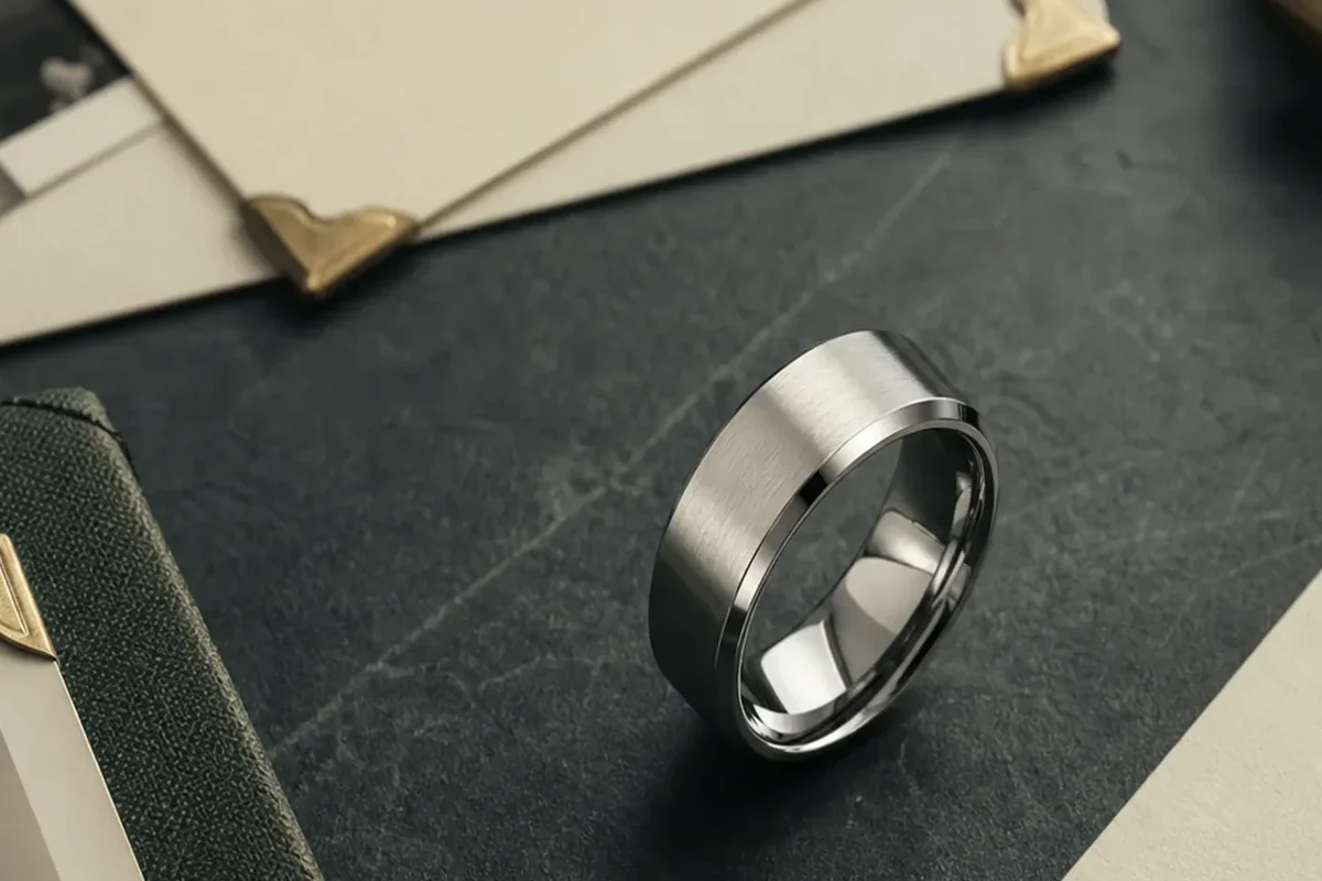 Memorial ring for loss of son with a quiet silver band, name card, and restrained remembrance details