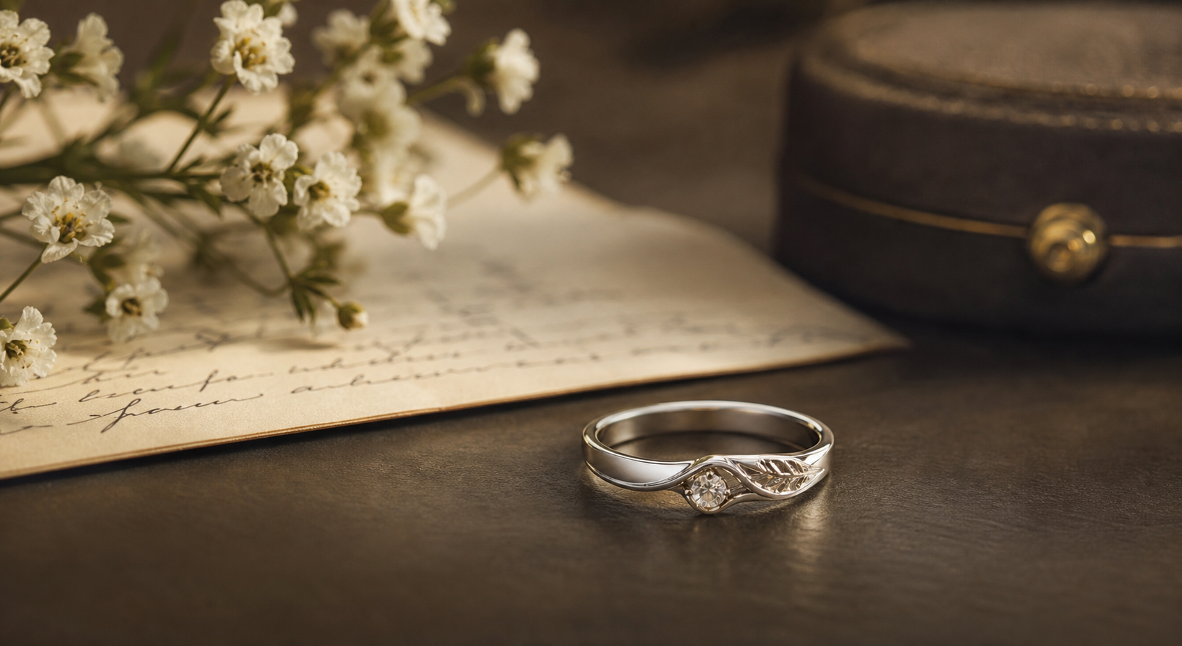 Premium memorial ring for mom image with a silver ring, flowers, and handwriting keepsake