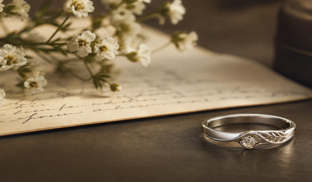 Memorial ring for a sister shown with a soft silver finish and handwriting keepsake detail
