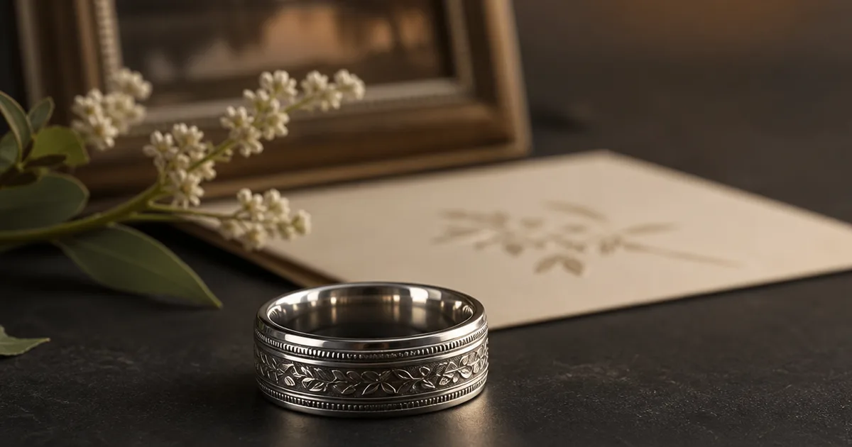 Memorial ring for a wife shown with soft silver styling and keepsake handwriting