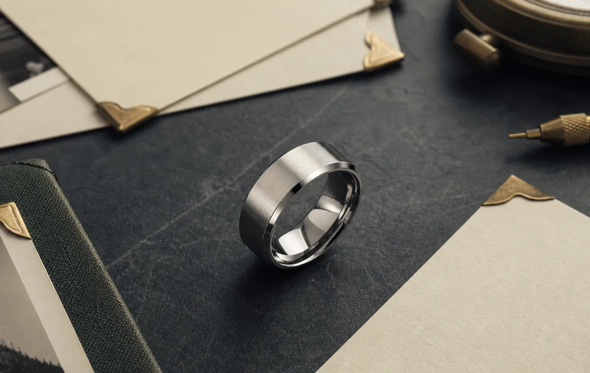 Memorial ring outside engraving guide with visible name placement, silver band, and private inside wording card