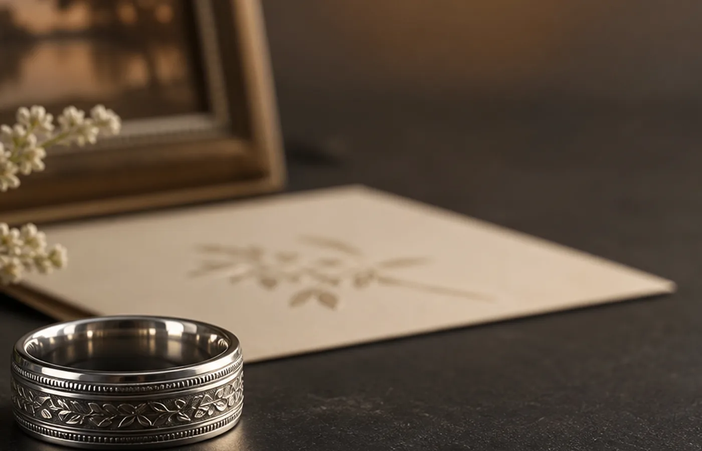Memorial ring with birth flower design beside a keepsake note and quiet floral engraving reference