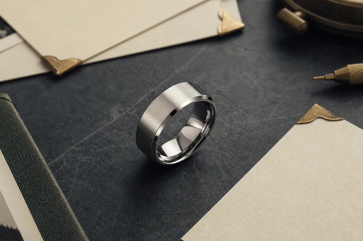 Memorial ring with name and date shown beside a remembrance card and simple silver keepsake styling
