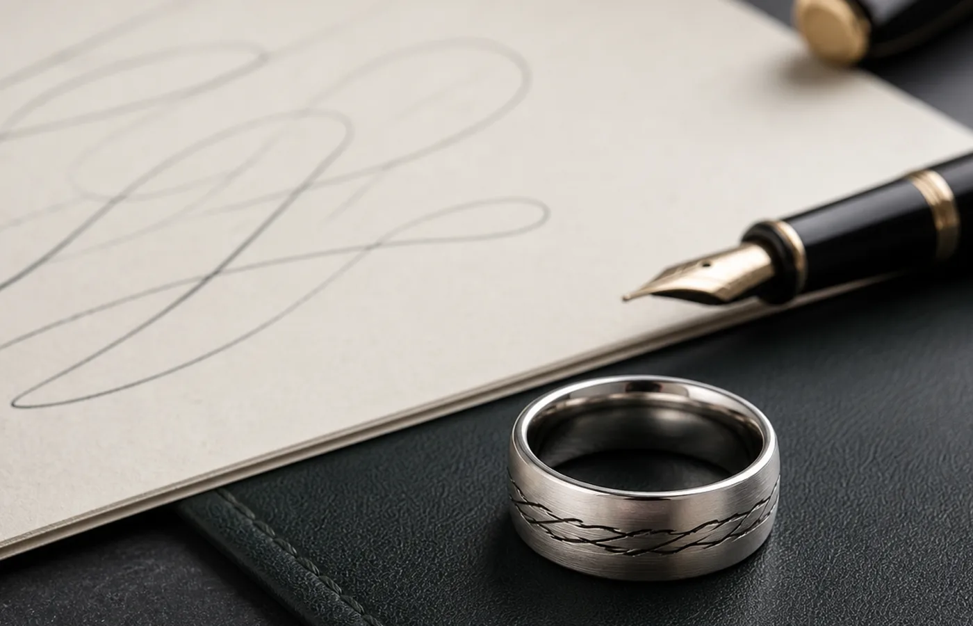 Memorial ring with prayer engraving shown with a small cross and handwritten remembrance card