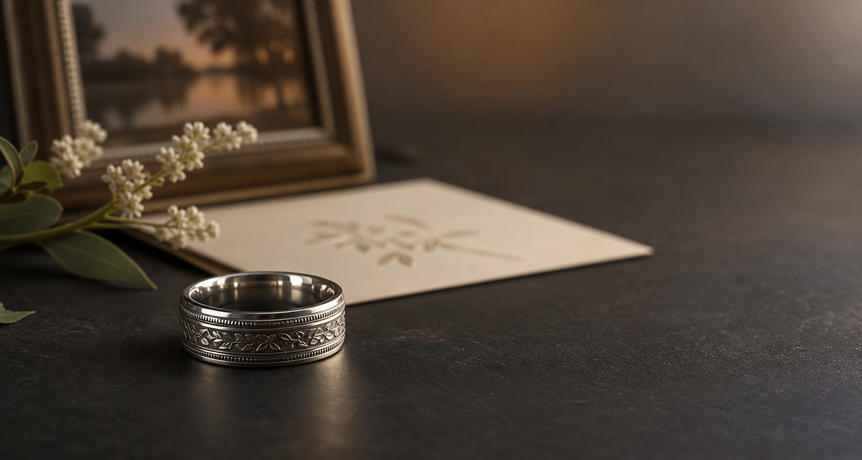Premium memorial rings for loved ones image with a silver ring, family keepsake photo, and flower