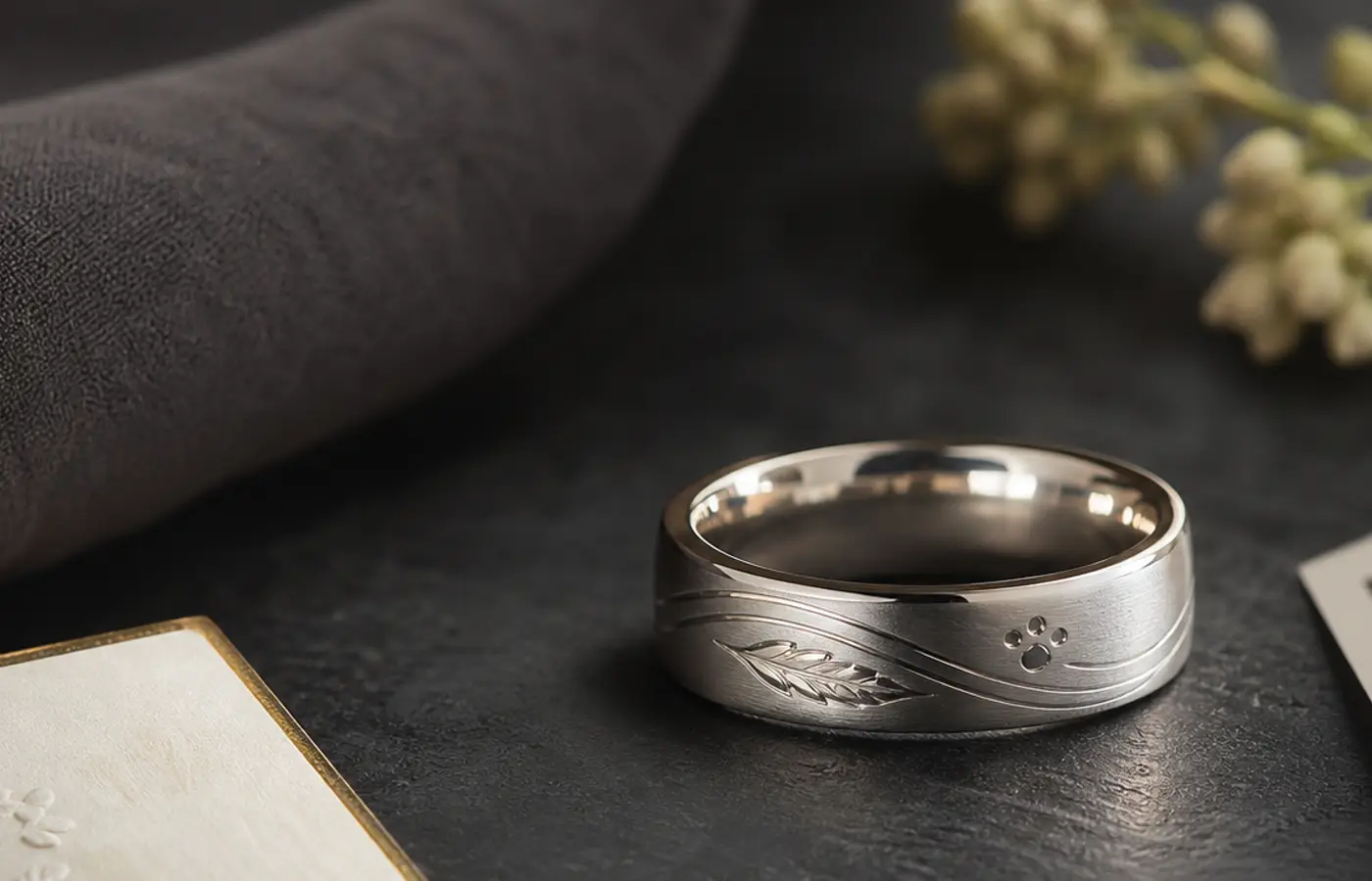 Personalized memory ring planning image with a silver ring, handwritten note, small photo, and date card