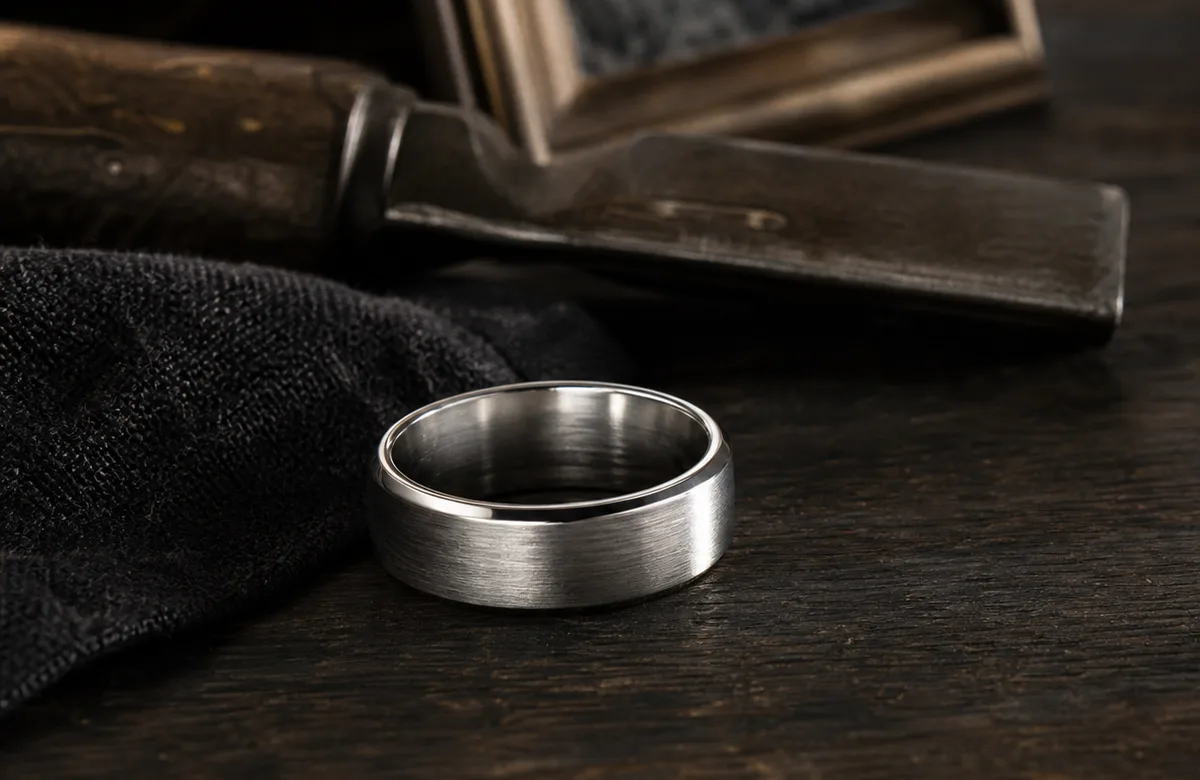 Military memorial ring shown with brushed silver styling and service-branch tribute details