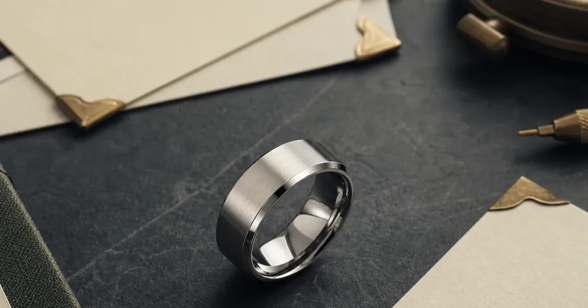 Personalized memorial ring with name engraving, quiet silver band, date card, and restrained remembrance source detail