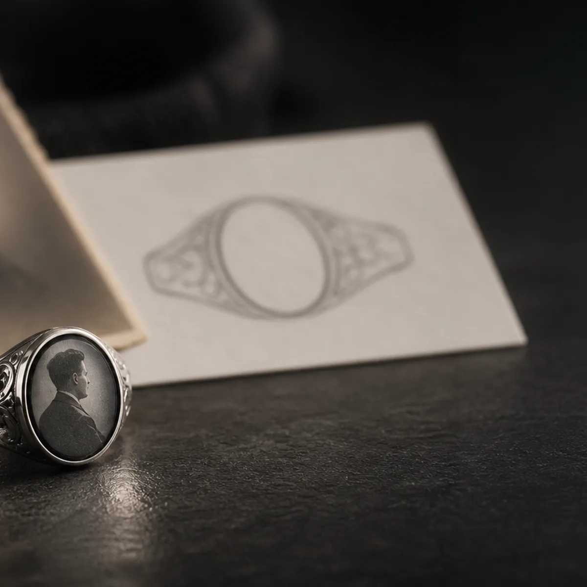 Photo engraved memorial ring design process with a single meaningful photo detail and soft silver setting