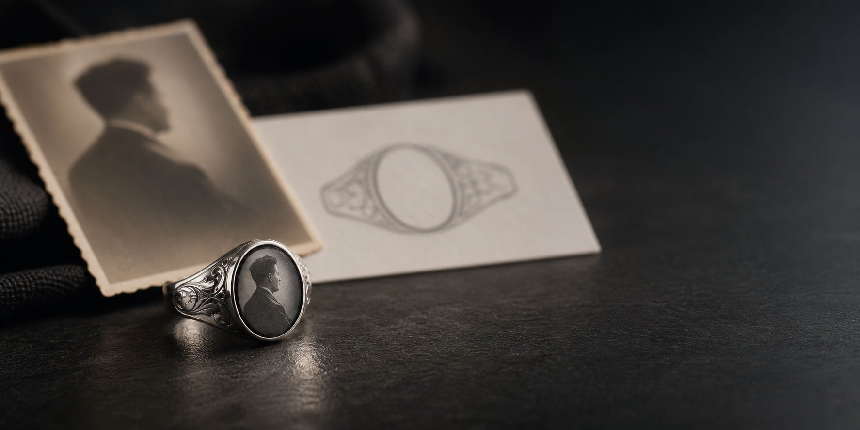 Premium photo memorial rings image with a silver ring, vintage portrait reference, and sketch card